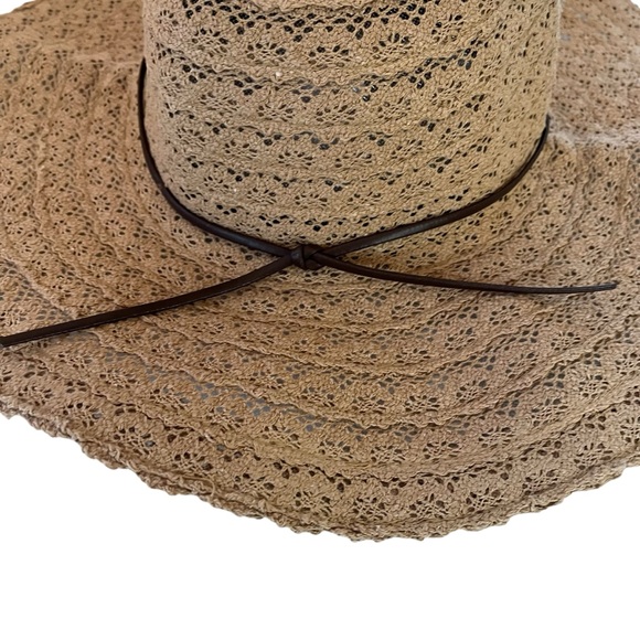 NWT Packable woven wide brim sun hat with wired brim faux leather band tan brown - Picture 9 of 14